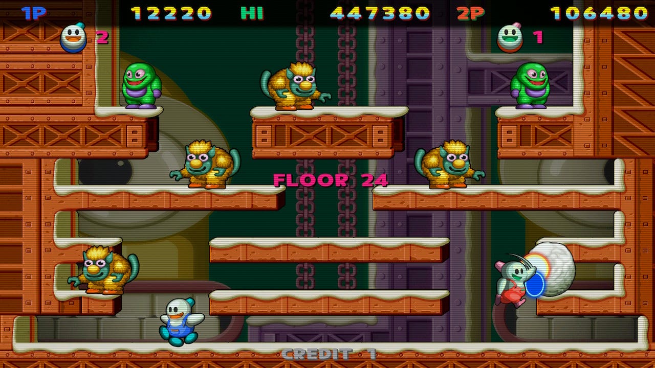 A screenshot showing a co-op playthrough of Snow Bros. Nick & Tom Special, in floor 24. Enemies are all still standing at their starting points, but the players are able to move as the stage begins: the second is already making a snowball out of the foe closest to them.
