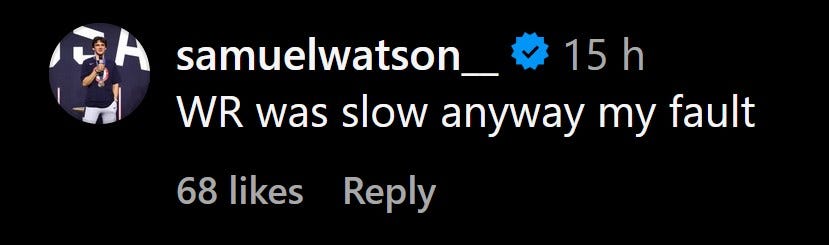 A screenshot of Samuel Watson's comment on the Instagram video of Yicheng Zhao's record time. The comment reads: "WR was slow anyway my fault"