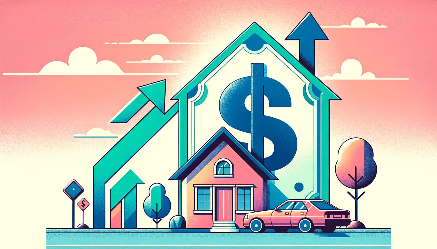 Create a modern, playful, and digitally styled vector art illustration with vibrant flat colors, minimal shading, and symmetrical design. The image should feature a house and a car on one side, both partially covered by an oversized dollar bill, symbolizing the financial pressure of rising insurance costs. Include arrows pointing upwards from the dollar bill to represent the increasing premiums, set against a pastel-colored background. Incorporate subtle shadows to maintain the flat aesthetic, emphasizing the concept of unexpected financial strain due to factors like inflation, severe weather, and climate change. The overall mood should be lighthearted but convey a critical message about economic challenges.