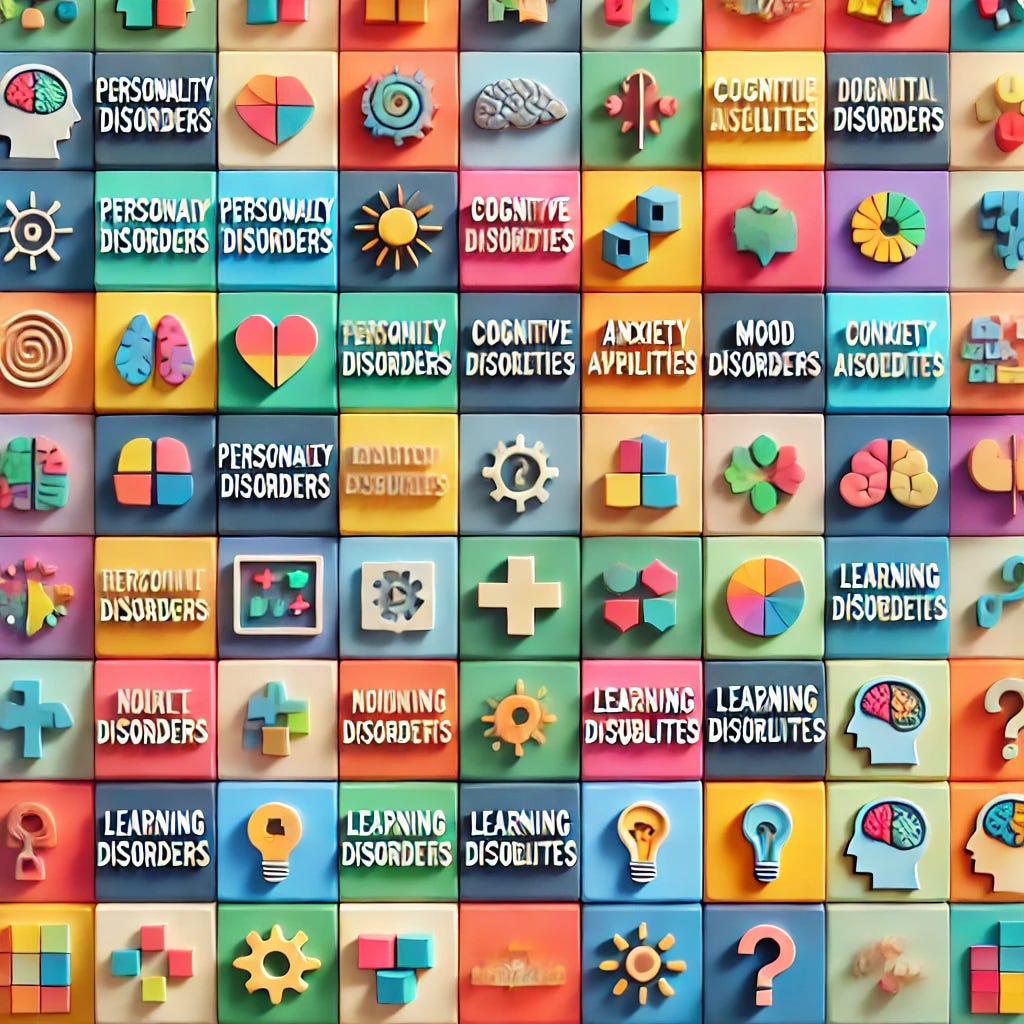 An image representing psychometric diagnostic categories as small, colorful diagnostic boxes. Each box is neatly labeled with a psychometric category, such as 'Personality Disorders,' 'Cognitive Abilities,' 'Mood Disorders,' 'Anxiety Disorders,' 'Learning Disabilities,' and 'Neurodevelopmental Disorders.' The boxes are arranged in an organized grid or diagram-like format, each with its own unique color scheme and subtle icons related to mental health or cognition, such as brain icons, question marks, or lightbulbs. The overall design suggests integration and connection between the categories.