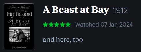 screenshot of LetterBoxd review of A Beast at Bay, watched January 7, 2024: and here, too
