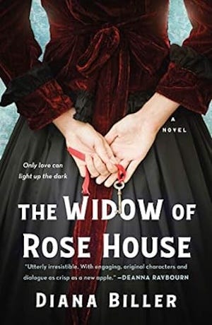cover of The Widow of Rose House, showing a women dressed in a velvet jacket and gray skirt holding a key behind her back