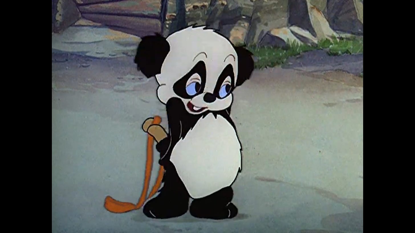 A cartoon panda youth holds a slingshot behind his back
