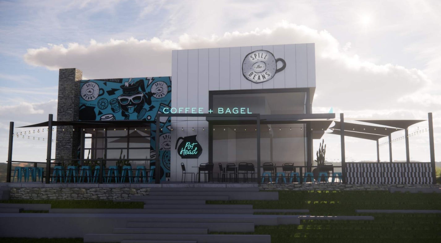 A mock up of a coffee shop against a blue cloudy sky with the sun setting to the right. A big porch sets off the front sign that says Coffee + Bagel