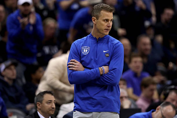 Head coach Jon Scheyer of the Duke Blue Devils reacts against the Alabama Crimson Tide during the first half in the East Regional Elite Eight round...