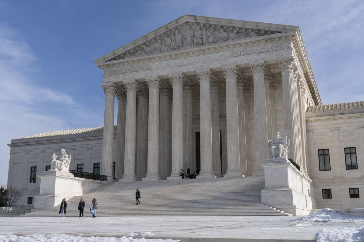 The Supreme Court building pictured against a blue sky