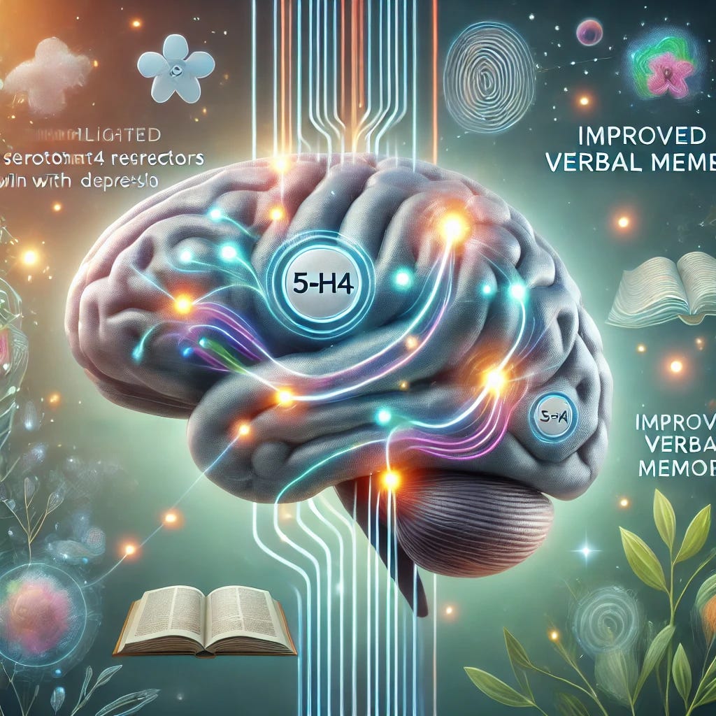 A scientific illustration showing the connection between antidepressants and improved verbal memory in patients with depression. The image features a brain with highlighted serotonin 4 (5-HT4) receptors, with glowing pathways representing improved cognitive function, particularly in verbal memory. Around the brain, subtle representations of verbal tasks, such as speech bubbles or books, indicate memory enhancement. The background should include calming elements, representing the antidepressants' role in mood improvement. Overall, the colors should be soft and balanced, conveying brain health and cognitive clarity.