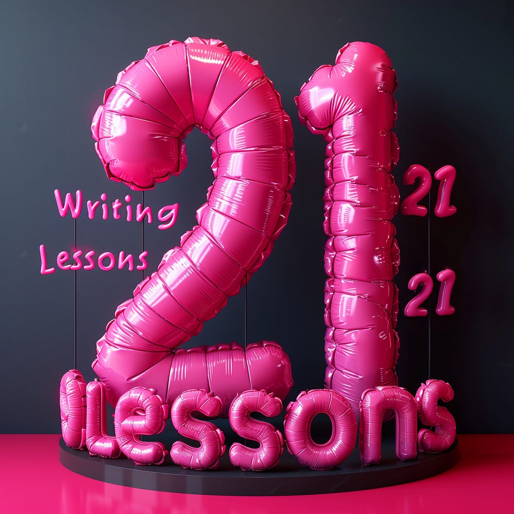 A 3d text "21 Writing Lessons" made from helloum balloon letters isolated on vivid contrasting colorful background with space. Colors: pink, color code #e11a72