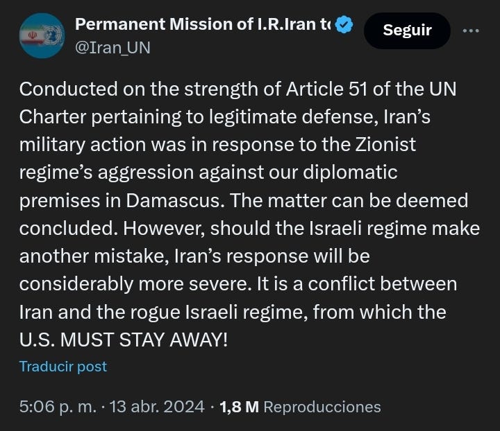 Screenshot of a tweet from Iranian representatives, declaring the conclusion of its military action on April 13.