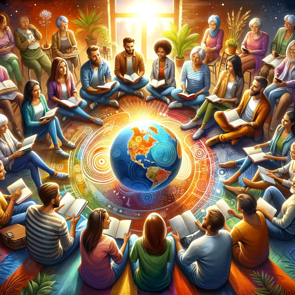 An inspiring and colorful image depicting a diverse group of people of different ages and ethnicities sitting together in a circle, each holding a book or a digital device. They are in a comfortable and informal setting, perhaps a park or a cozy room with plants and soft lighting. In the center of the circle, there's a globe, symbolizing the universal nature of learning. The atmosphere is warm and inviting, with a sense of camaraderie and mutual respect. Everyone is engaged, smiling, and exchanging ideas, embodying the joy and collaboration in the process of learning.