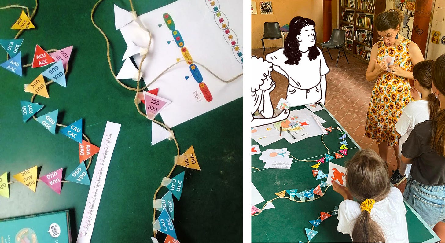 due foto del workshop, una del tavolo di lavoro e una di un gruppo di bambini intorno a claudia che mostra un disegno