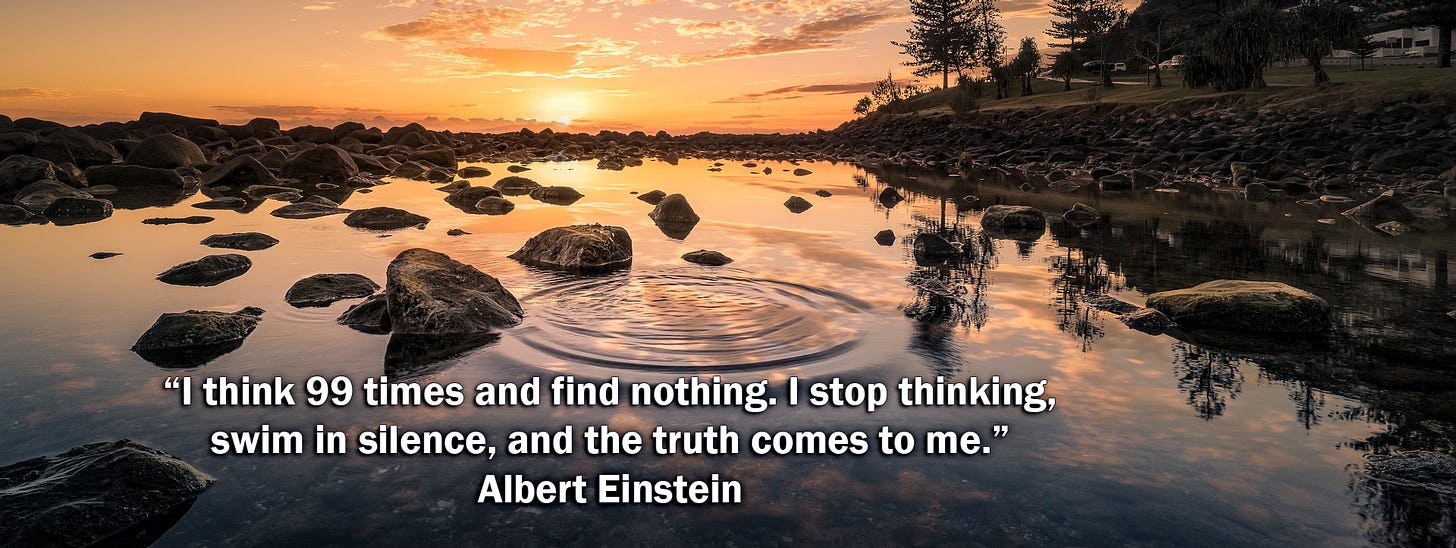 I think 99 times and find nothing. I stop thinking, swim in silence, and the truth comes to me." Albert Einstein