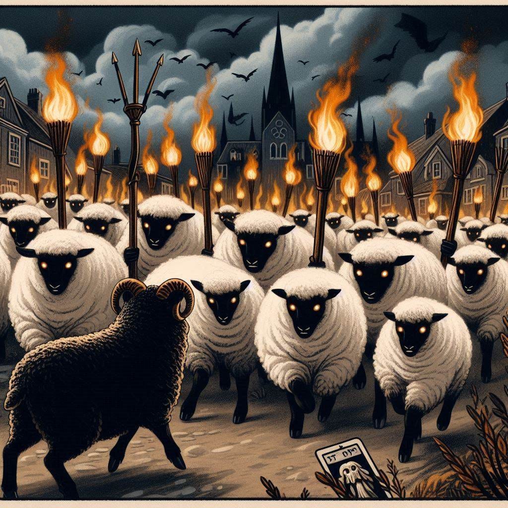 a black sheep watching a herd of white sheep angrily holding pitchforks and torches run toward a village. tarot card style art.