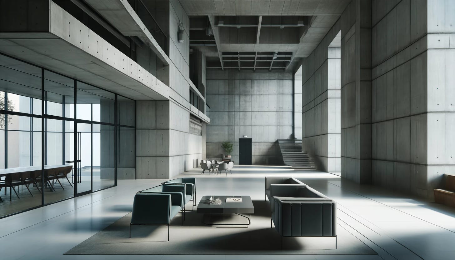 A brutalist architecture lobby featuring stark concrete walls and minimalist design. The lobby has high ceilings with exposed beams and ducts, large floor-to-ceiling windows letting in natural light, and a polished concrete floor. There is sparse, functional furniture, including a few modern chairs and a low coffee table made of metal and glass. The color palette is mainly grey and white, with a few plants adding a touch of greenery. The overall atmosphere is austere yet sophisticated.