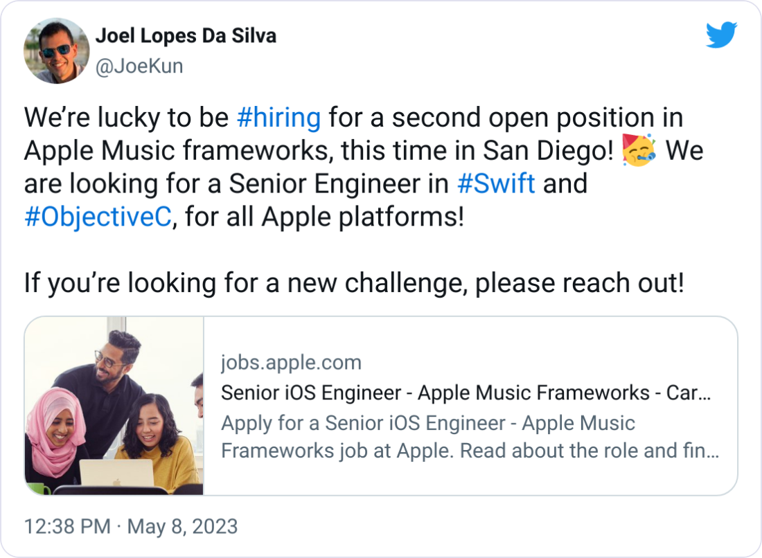 Joel Lopes Da Silva @JoeKun We’re lucky to be #hiring for a second open position in Apple Music frameworks, this time in San Diego! 🥳 We are looking for a Senior Engineer in #Swift and #ObjectiveC, for all Apple platforms!  If you’re looking for a new challenge, please reach out!