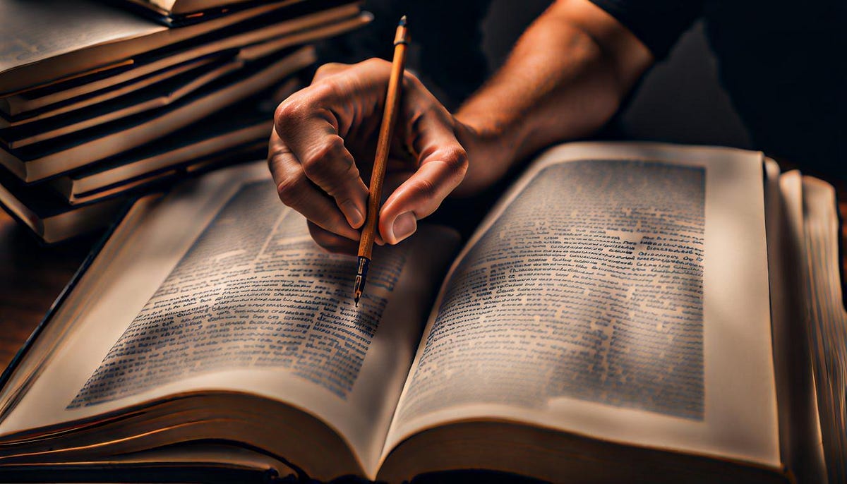 Hand with dip pen, marking large book