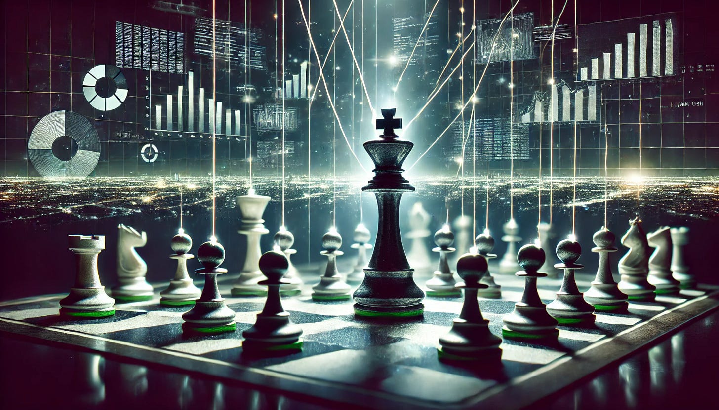 A dramatic digital illustration of a chessboard with a single dominant king piece, symbolizing power and control.