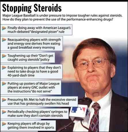 Satirical infographic titled 'Stopping Steroids' showing Major League Baseball's mock plan to address performance-enhancing drugs. Contains a headshot of suited MLB Commissioner Bud Selig. Listed are 8 anti-steroid initiatives: "Finally doing away with American League's much-debated 'designated pisser' rule"; "Reaquainting players with strength and energy one derives from eating a good breakfast every morning"; "Toughening up their 'Don't get caught using steroids' policy"; "Explaining to players that they don't need to take drugs to have a good 40-yard-dash time"; "Putting up posters of Major League players at every GNC with the instructions 'do not serve'"; "Pressuring Mr. Met to halt the excessive steroid use that has grotesquely swollen his head"; "Periodically checking players' syringes to make sure they don't contain steroids"; "Keeping players off drugs by getting them involved in sports"