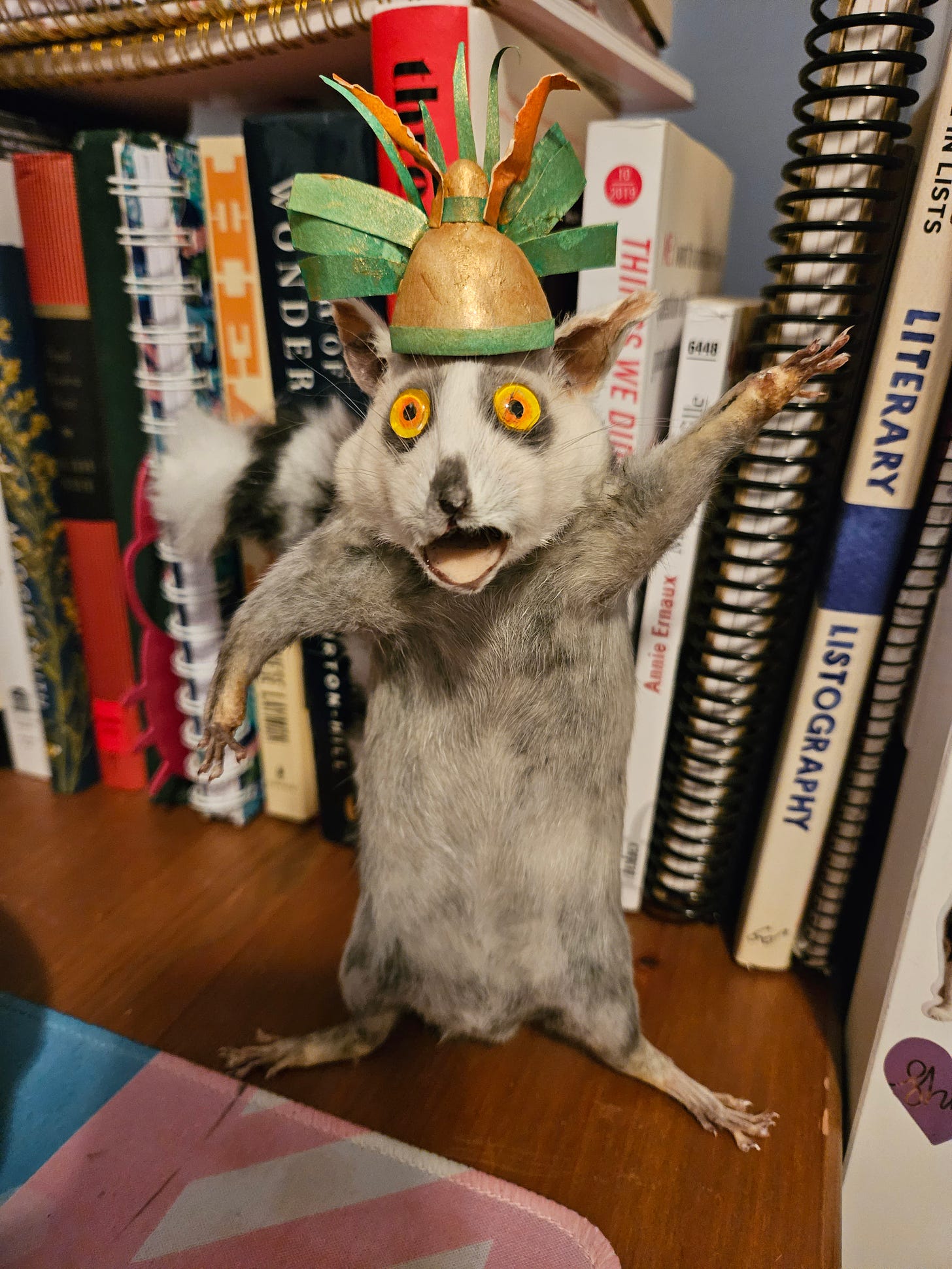 psycho looking taxidermy lemur with a party hat