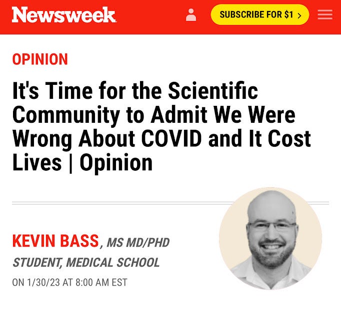 a screencap from kevin bass' newsweek article falsely portraying himself a member of the medical community