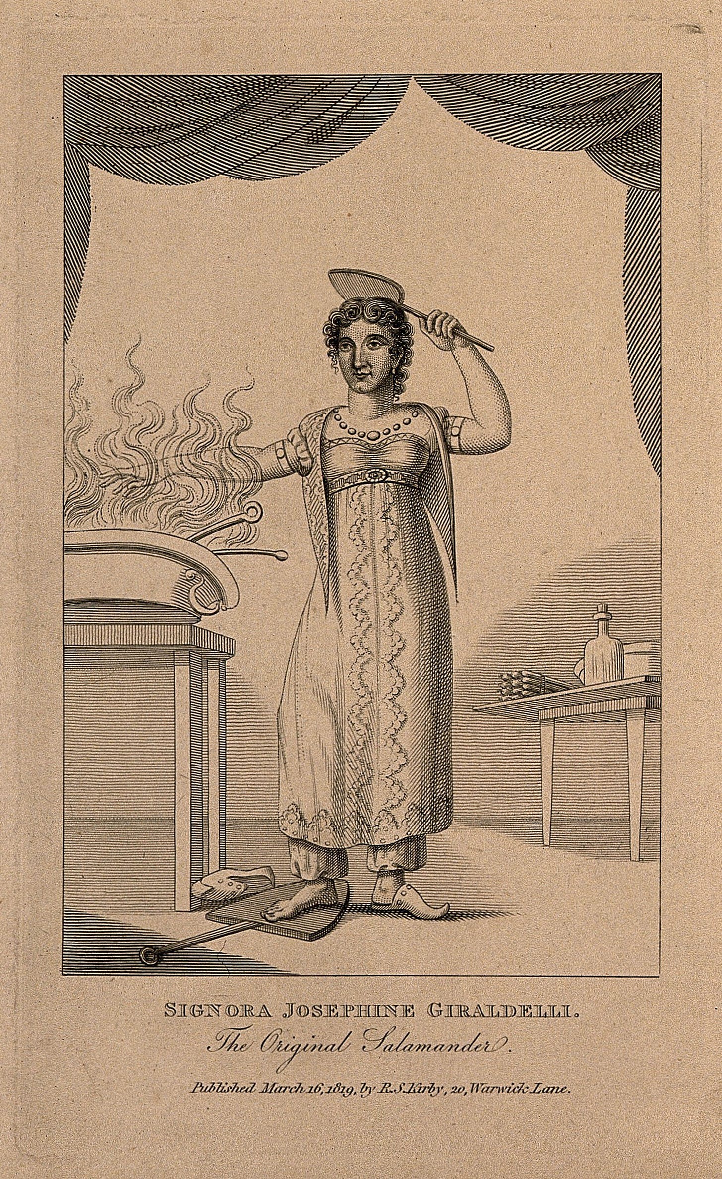 An engraving showing Signora Girardelli in Regency dress, holding a shovel to her head, plunging one hand into flames and standing on another hot shovel. The caption calls her 'The Original Salamander'