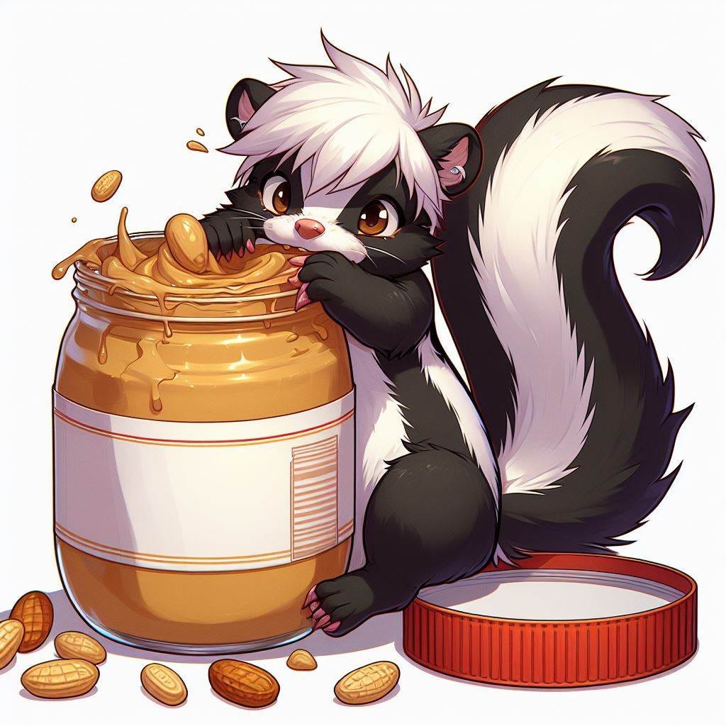 skunk with head stuck in peanut butter jar anime style