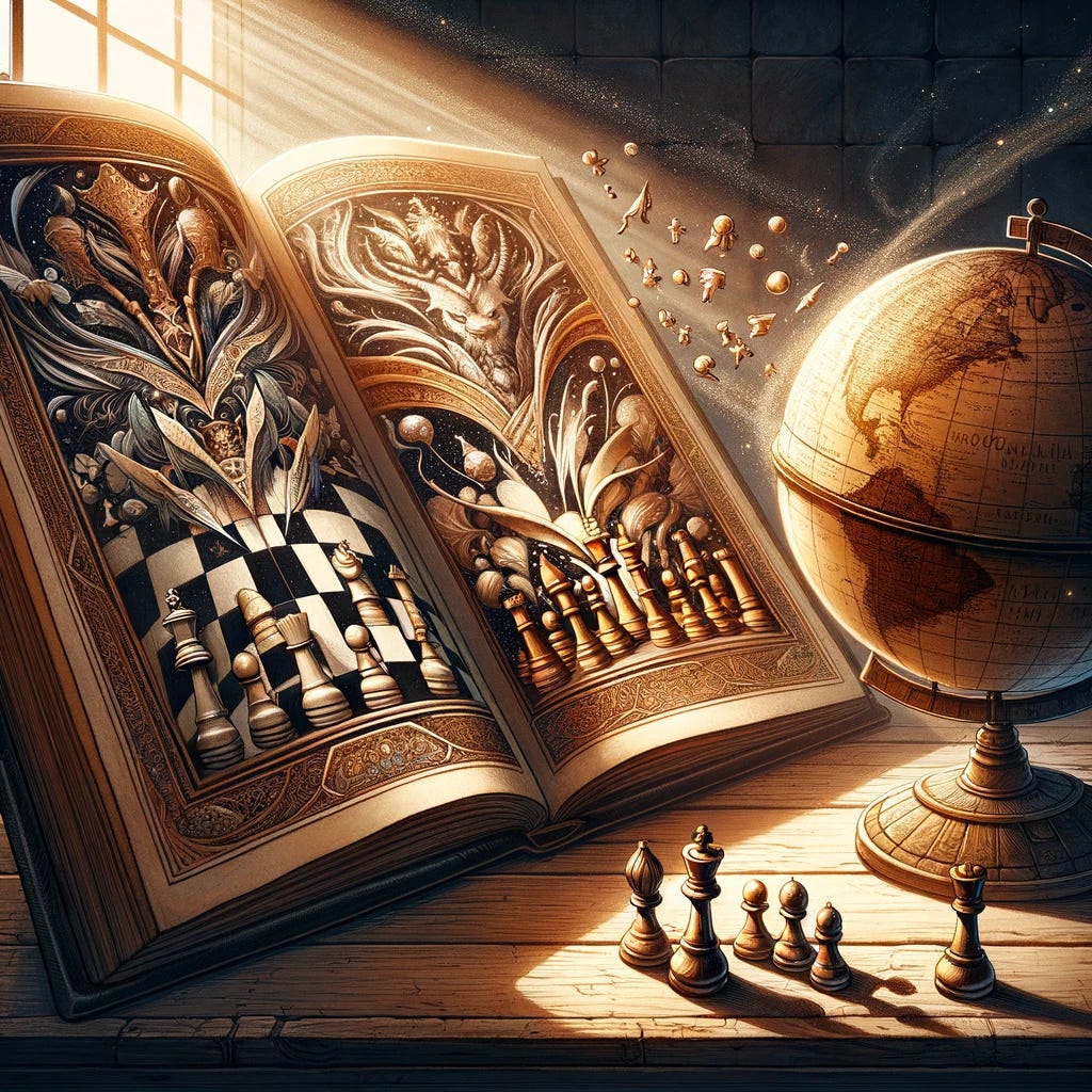 An illustration in a whimsical, detailed style showing an enormous open book on a wooden table. The right page of the book features intricately designed chess pieces, seemingly coming to life and moving across the page. To the right of the book, on the same table, sits a vintage globus with continents and oceans, symbolizing the world. The scene is imbued with a magical atmosphere, where the boundary between the inanimate and animate blurs. Light from a nearby window casts soft shadows across the table, highlighting the textures of the book, chess pieces, and globus. The color palette is warm and inviting, creating a cozy and captivating scene.