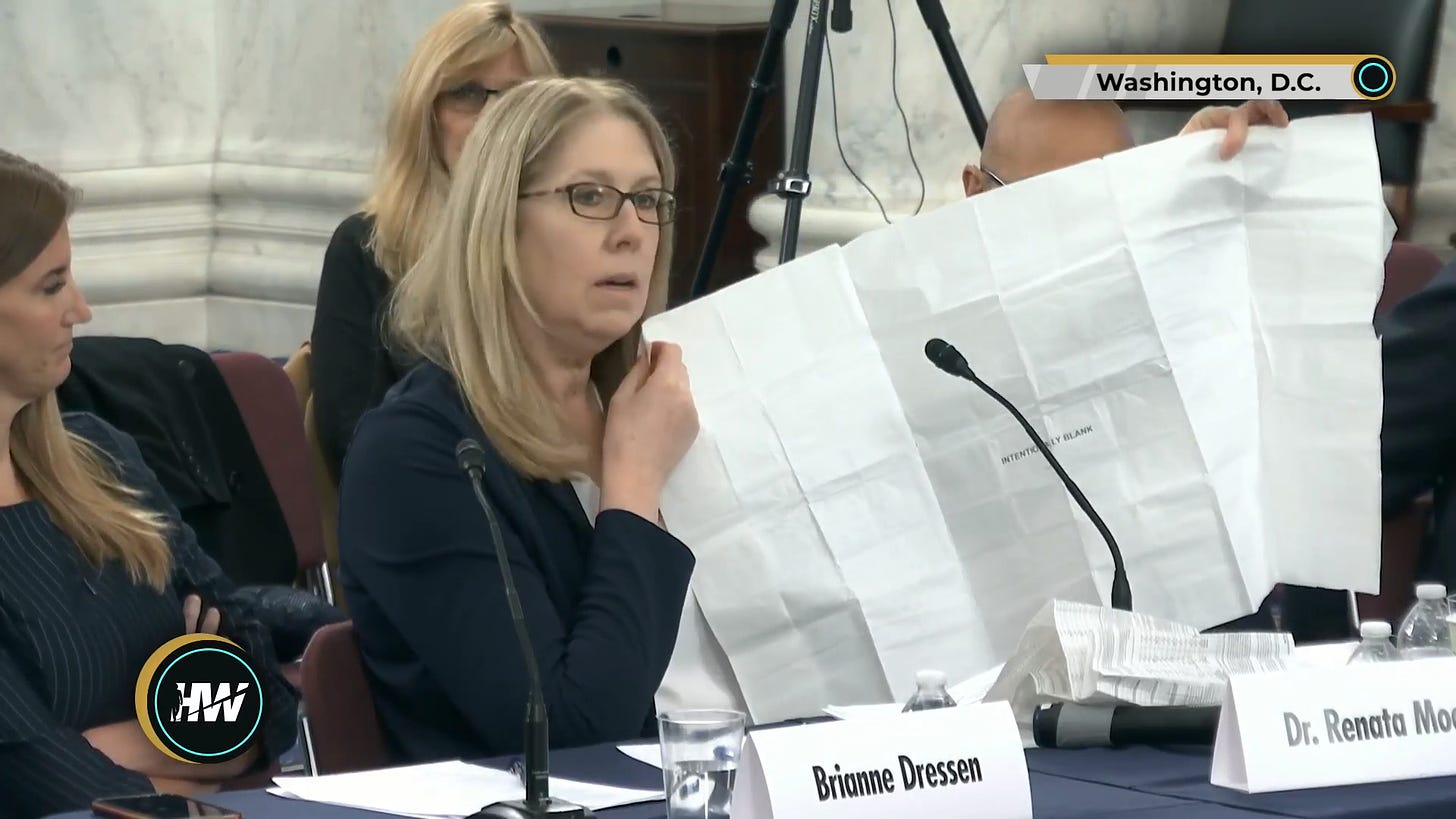 Dr. Renata Moon testifying to United States Senator Ron Johnson about the blank package inserts that accompany some mRNA products.