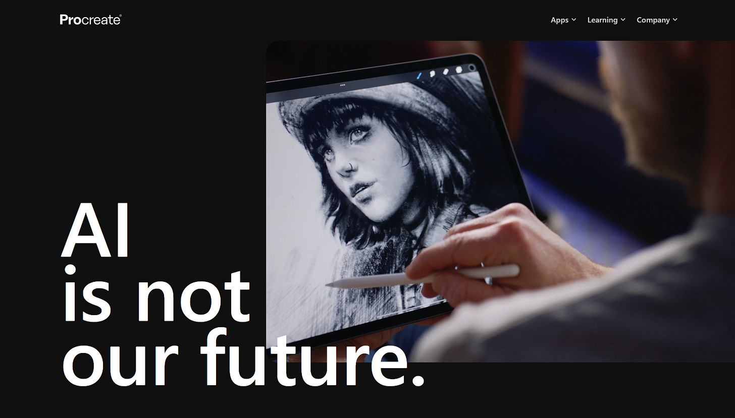 The Procreate website says, "AI is not our future."