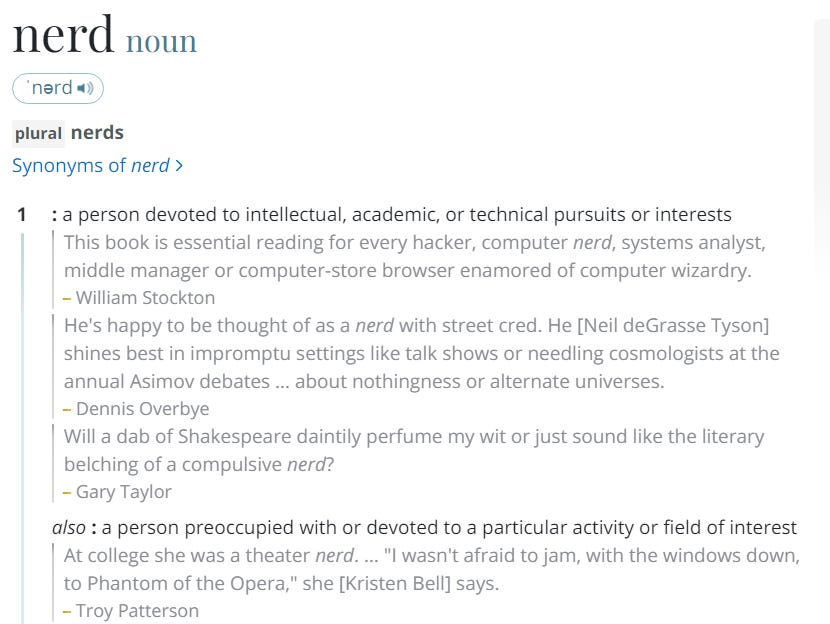 A screenshot of the Merriam-Webster definition of the word "nerd."