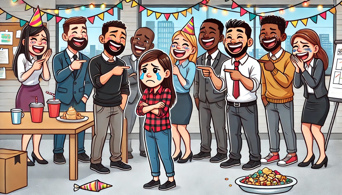 A cartoon featuring a group of ethnically and gender diverse product managers laughing and pointing at a sad-looking product owner who is excluded from their party. The product managers should represent different races, genders, and styles, and they should be dressed in business casual attire. The product owner, who appears dejected and lonely, stands to the side with a downcast expression. The background shows a festive office environment with decorations and snacks, highlighting the celebratory atmosphere from which the product owner is excluded.