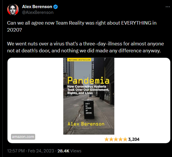 Alex Berenson claims "Team Reality was right about everything in 2020" whilst tweeting a link to his terrible "non-fiction" novel.