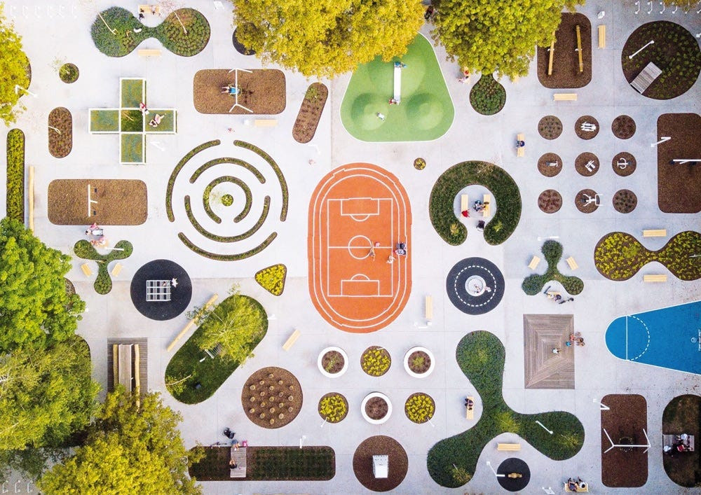 overhead view of a colorful and tidy park in Poland
