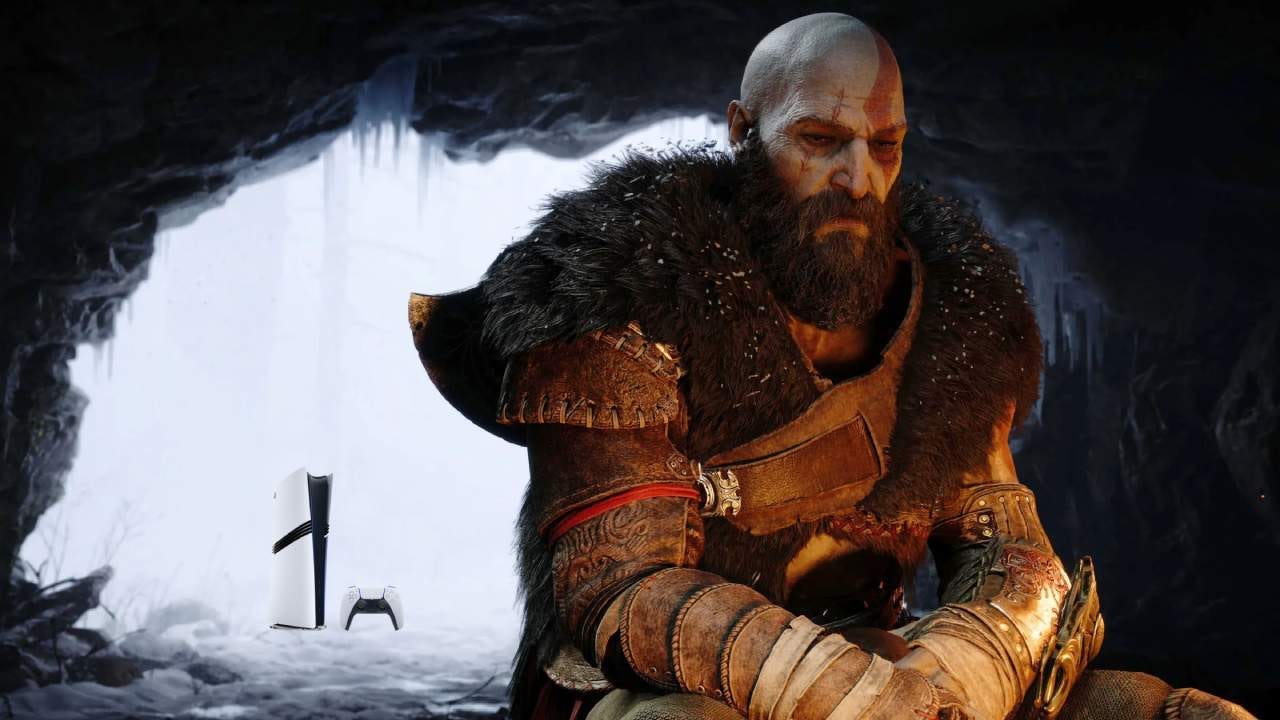 Kratos sitting in a cave with the PS5 Pro behind him