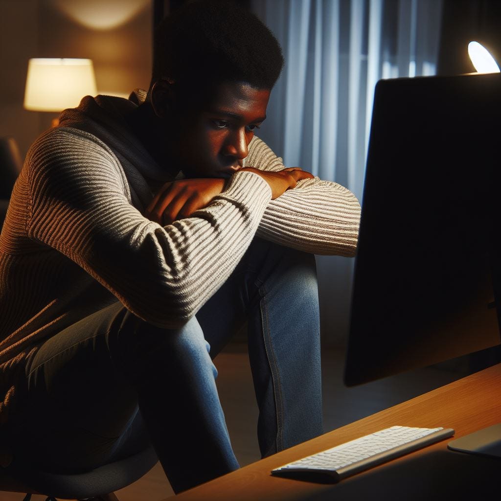 un jeune homme noir triste assis sur une chaise dans sa chambre en face de son ordinateur dans le noir