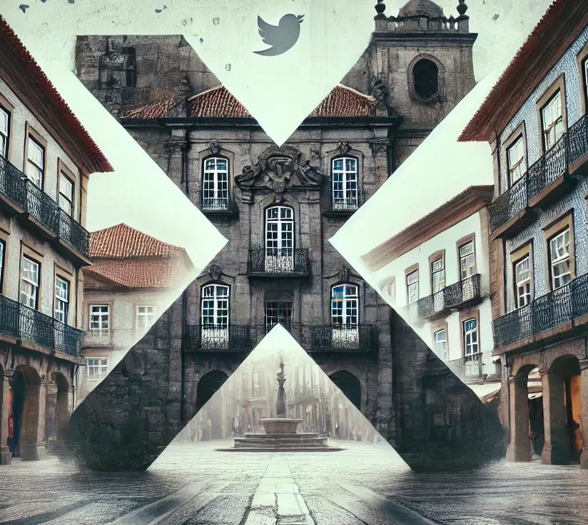 A creative fusion of the iconic Largo do Toural in Guimarães, Portugal, with the symbol of the social network X (formerly known as Twitter). The scene captures the historical and architectural essence of the Largo do Toural, with its classic Portuguese cobblestone square, old buildings, and traditional atmosphere, combined with the modern, sleek logo of X. The X logo is integrated into the environment, possibly as a subtle overlay in the sky or blended into the stonework, creating a harmonious yet striking contrast between old and new.