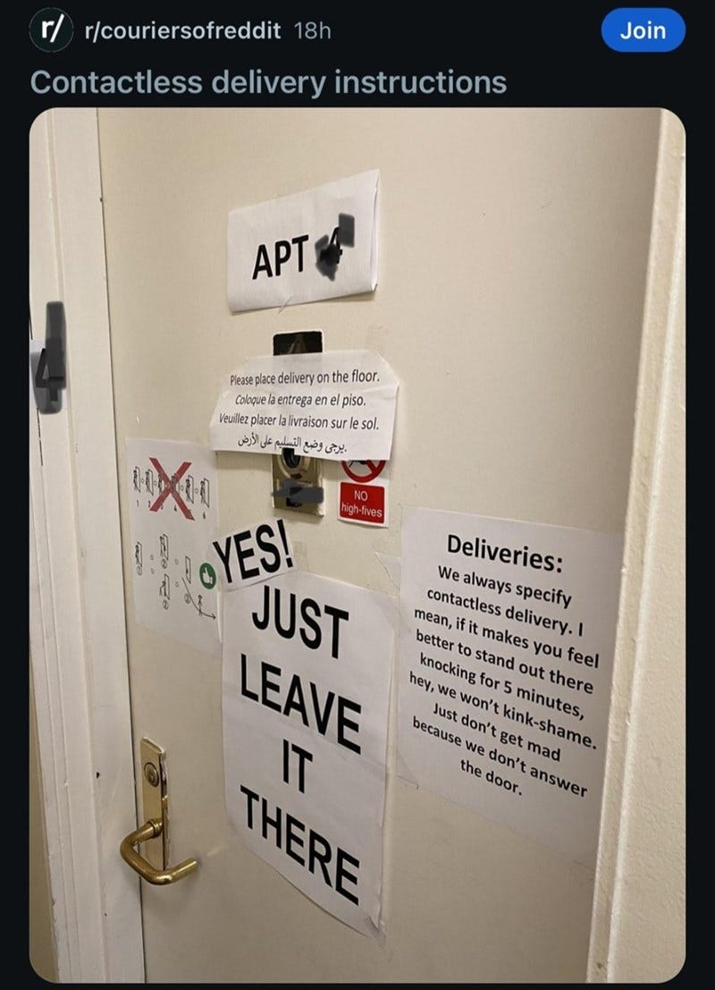 I'd stay at the door and start eating': Entitled takeout customers split  opinion with excessive no contact delivery signage - Memebase - Funny Memes