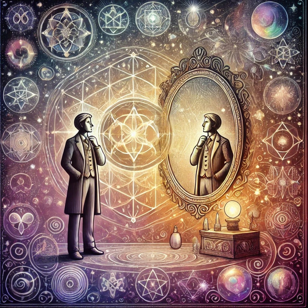 A mystical yet clear and contemplative illustration symbolizing intellectual honesty in magical and psychedelic practices, without any text. A serene magician or psychonaut stands thoughtfully before a reflective mirror, symbolizing deep introspection. The background integrates subtle magical and psychedelic motifs, like sacred geometry, mystical symbols, and softly radiant patterns. The color palette emphasizes calm, grounding hues interwoven with delicate, vibrant highlights, reflecting clarity, truthfulness, and authentic inner transformation.