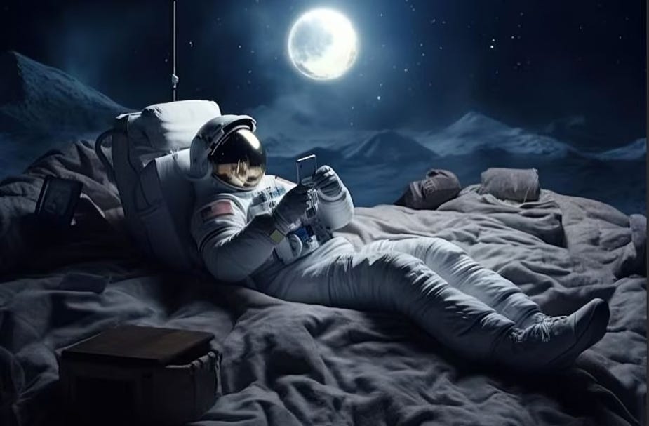 Astronaut relaxing on the Moon while using a smartphone under the moonlight.