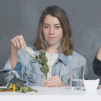 A woman sits at a table holding a bundle of lit sage. She looks confused and skeptical about what exactly she's doing it for