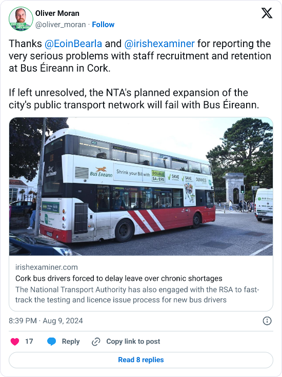 A tweet from Oliver Moran with the text, "Thanks @EoinBearla and @irishexaminer for reporting the very serious problems with staff recruitment and retention at Bus Éireann in Cork. If left unresolved, the NTA's planned expansion of the city's public transport network will fail with Bus Éireann."