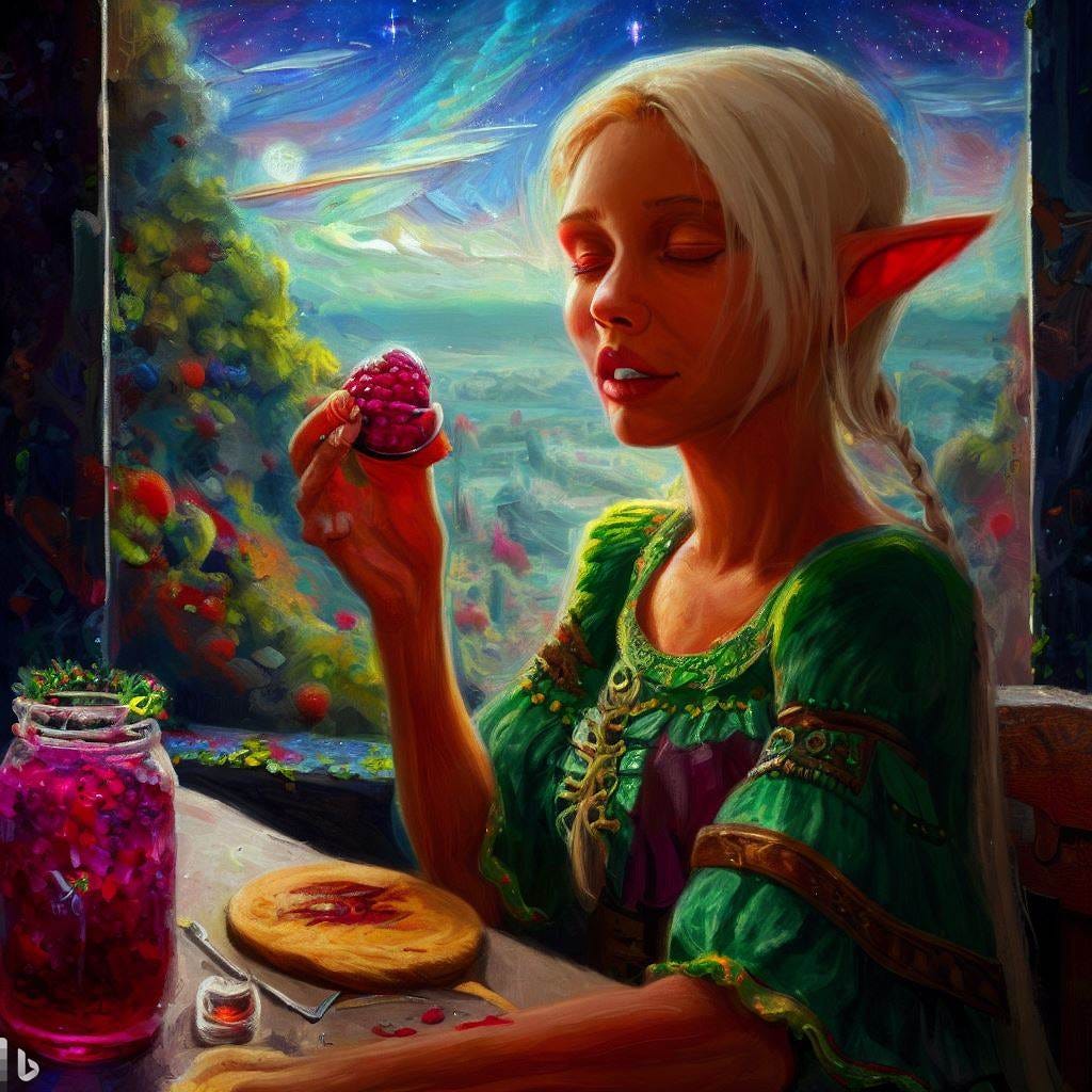 a painting in the style of Johannes Vermeer of a fantasy high elf with Raspberry Jam while on the planet Xen from Half Life (based on the 3rd picture)