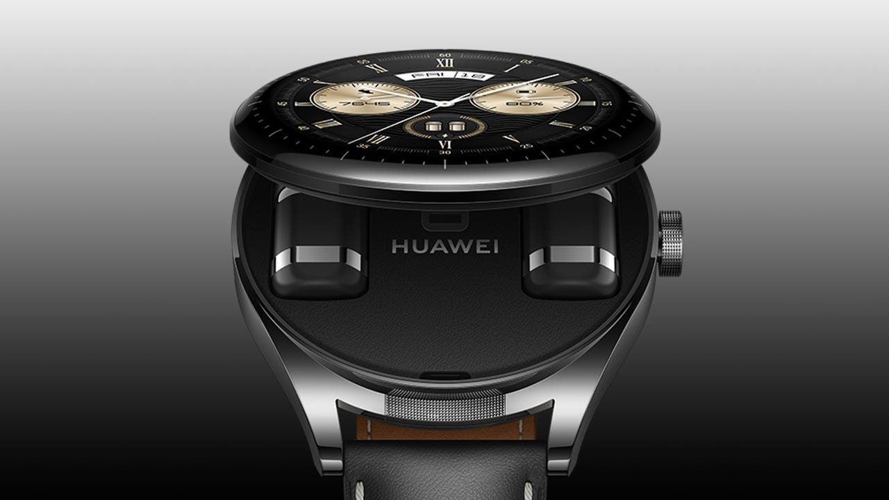 Huawei's new smartwatch flips open to reveal tiny companion earbuds | ZDNET