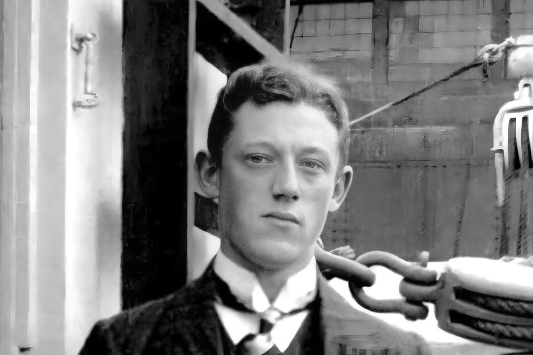 Carpathia wireless operator Harold Cottam, photographed after arrival in New York, c. 16 April 1912, public domain, via Wikimedia Commons (enhanced)