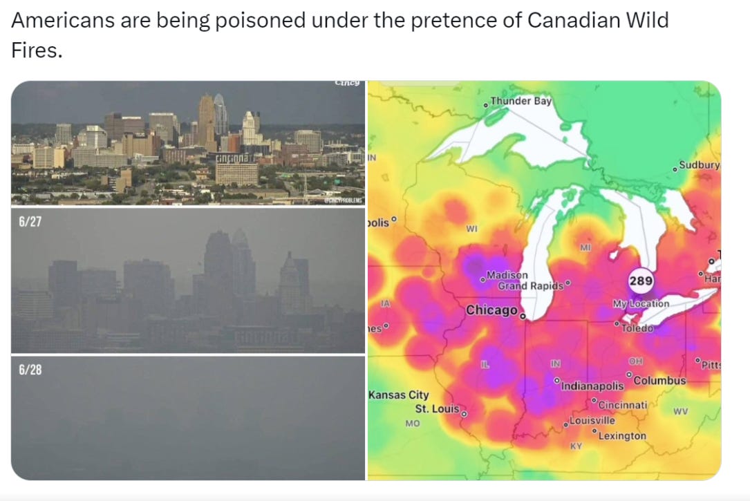 americans being poisoned under pretence of canadian wildfires (alone with photo of smoke and map)