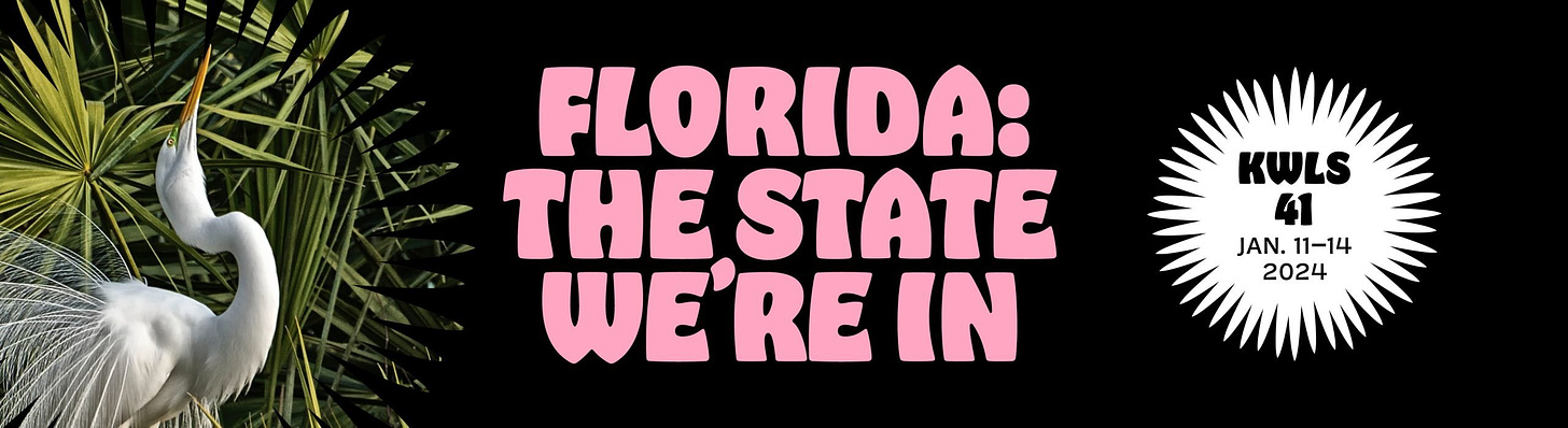 An image of a great white heron against a backdrop of Florida thatch palms, next to the words: "Florida: The State We're In." The type is pink and utilizes a font called Hobeaux, which is a modern revival of the art-nouveau influenced Hobo font originally released in 1910.