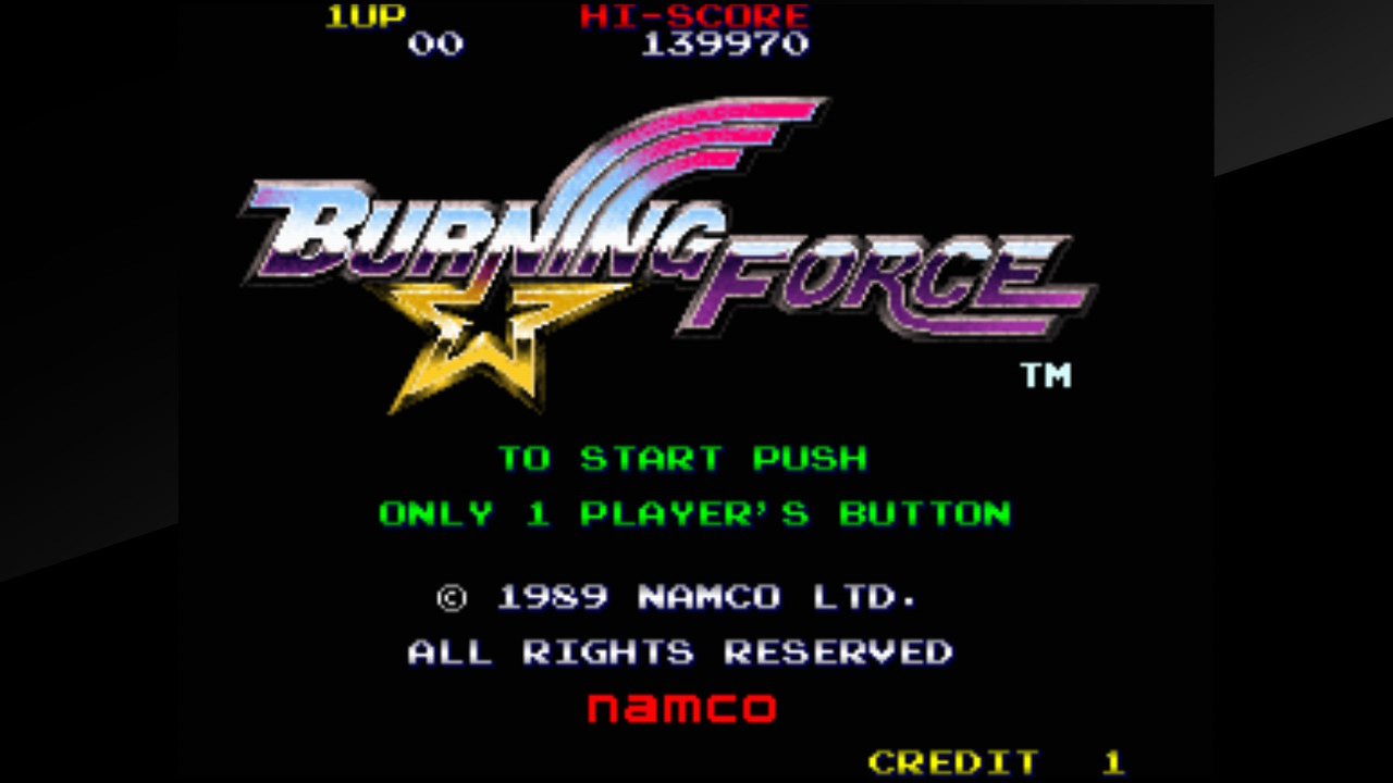 The title screen from the arcade version of Burning Force, featuring the game's logo, where a star comes out of the bottom of a capital N, over a black background. The letters are meant to have a metallic look to them, and are a combination of purple, silver, and pink.