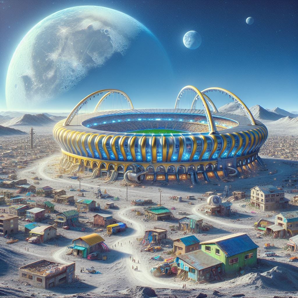 gaudy sports stadium surrounded by a shanty town on the moon