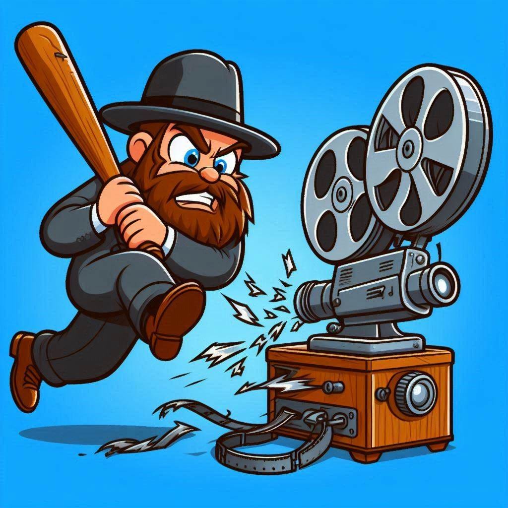 Cartoon image of bearded man wearing a fedora jumping up and down smashing a film projector with a baseball bat. 