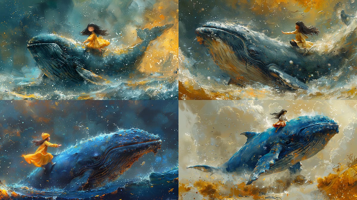 Cute little girl riding on a blue whale